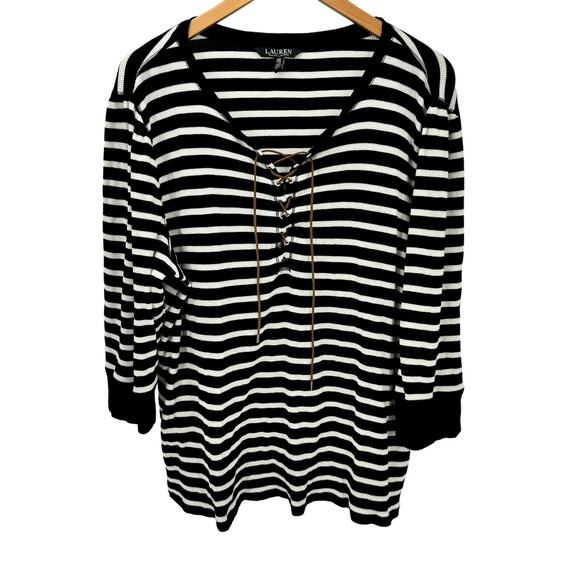 Lauren Ralph Lauren Top Womens 2X Black White Stripe Lace Up V-Neck 3/4 Sleeve - Picture 1 of 8